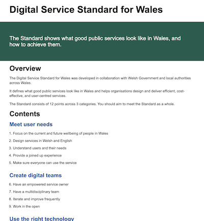 Front cover for Digital Service Standard for Wales